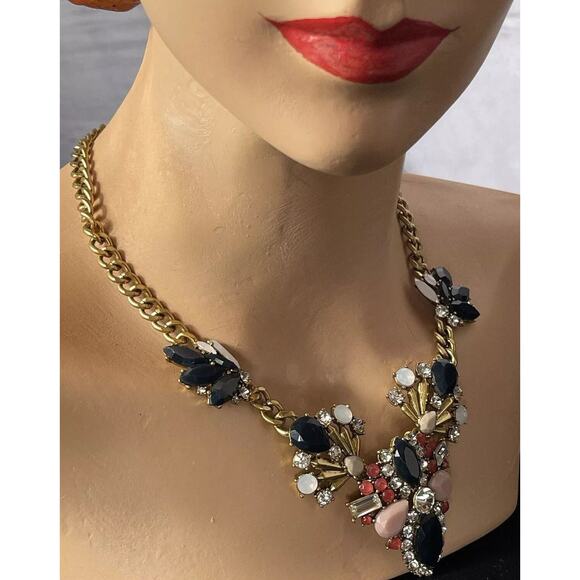 Vintage J Crew Necklace Statement Bib Black Pink Rhinestone Gold Tone Chain - Picture 5 of 14